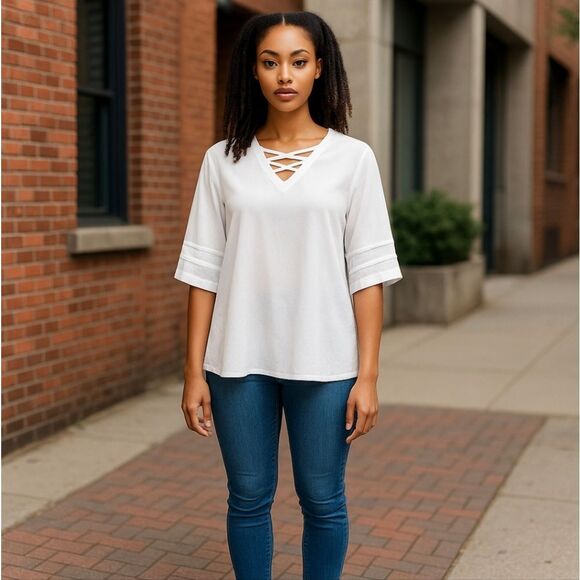 Pretty white lattice and sheer short sleeves blouse xl. New without tags. - Picture 1 of 5